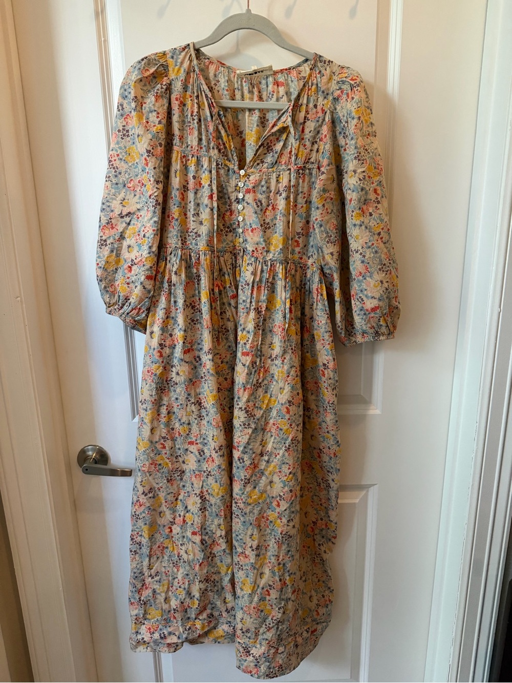 THE GREAT. Cream Floral Midi Dress with Yellow & Pink Accents